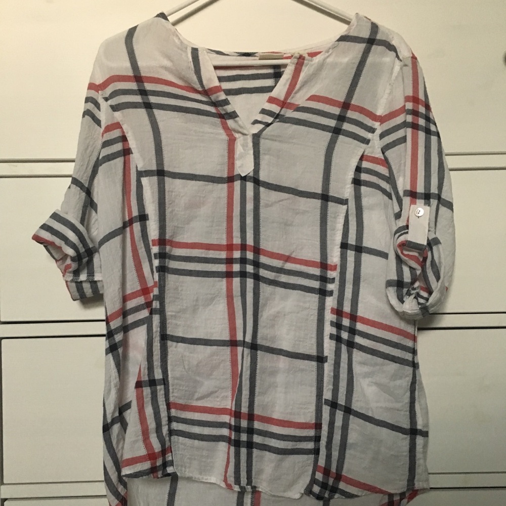 Plaid 100% Cotton Linen Red White Blue Blouse